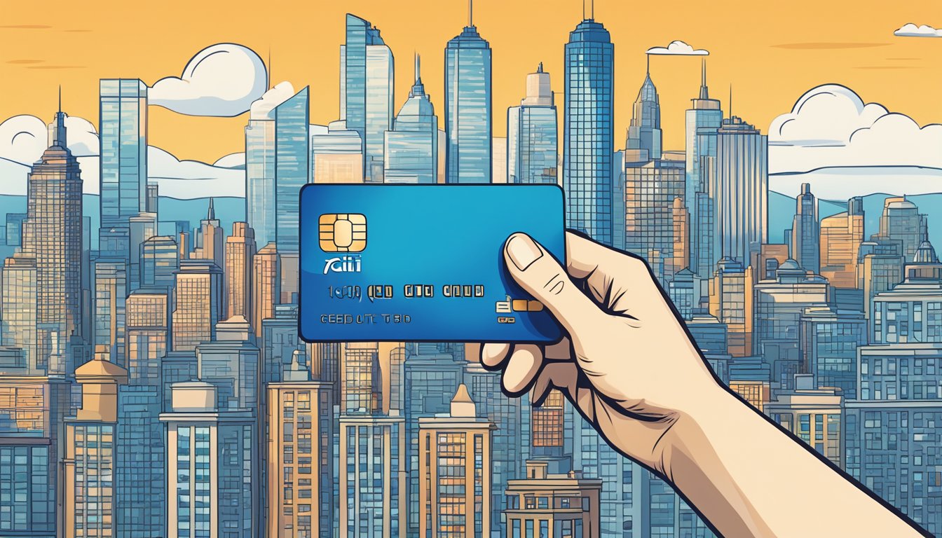 A hand holding a Citi Ready Credit card with a city skyline in the background, symbolizing financial readiness and urban lifestyle