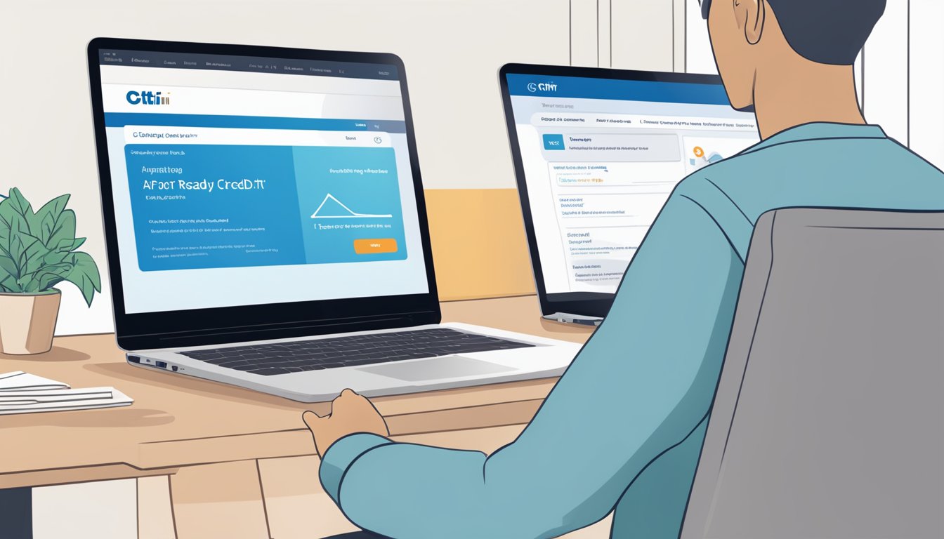 A person sitting at a desk with a laptop, filling out an online application for Citi Ready Credit. The screen displays the Citi Ready Credit website with the Singapore location highlighted