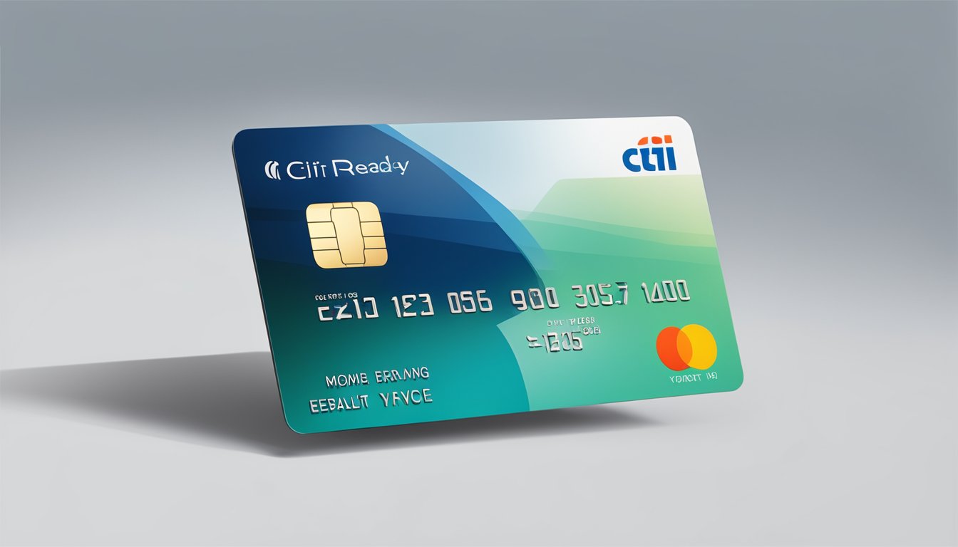 A credit card sits on a sleek, modern surface, with the Citi Ready logo prominently displayed. The card features are highlighted in bold, clear text