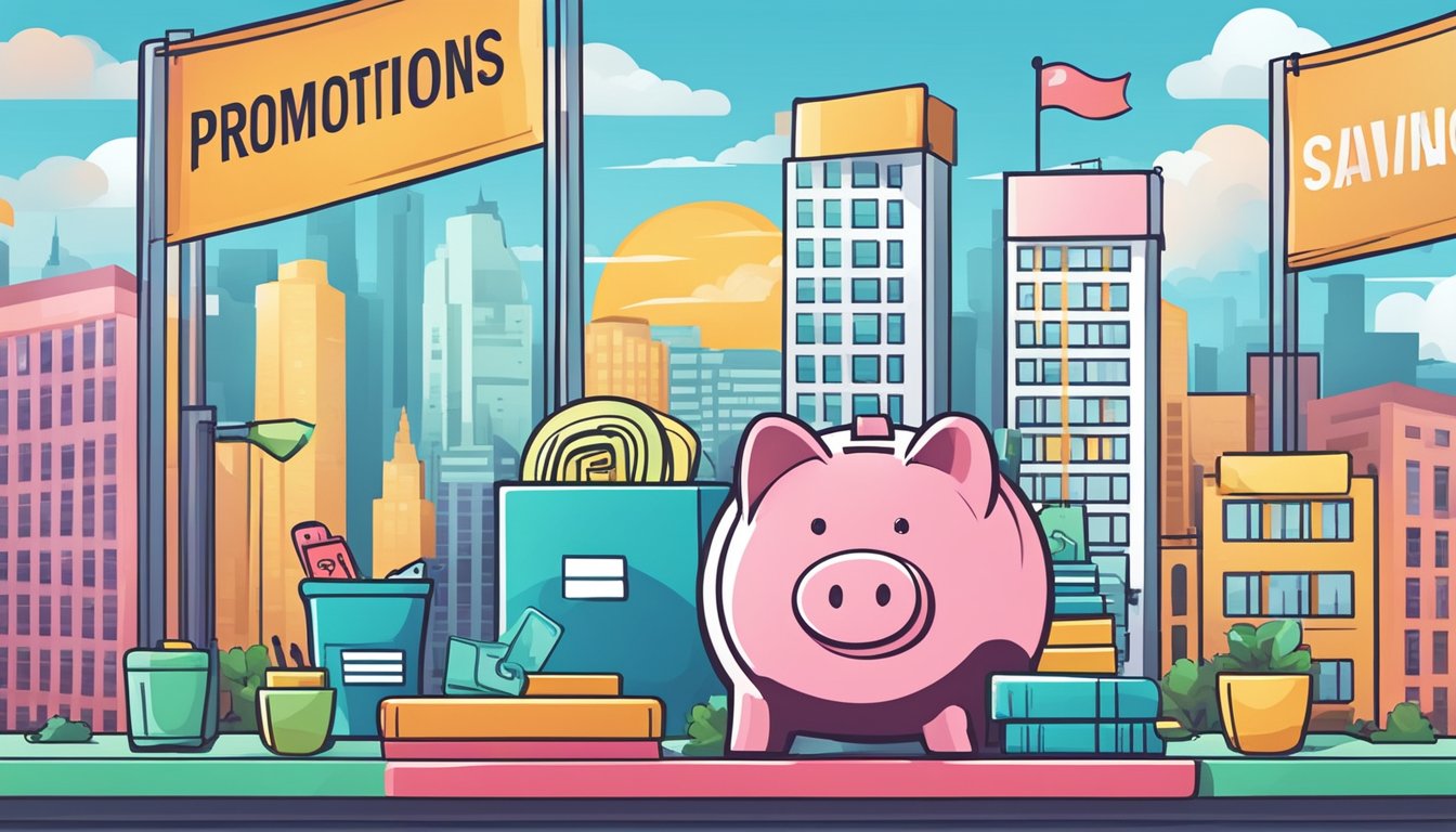 A colorful banner with "Promotions and Savings" hangs above a stack of credit cards and a piggy bank, with a cityscape in the background