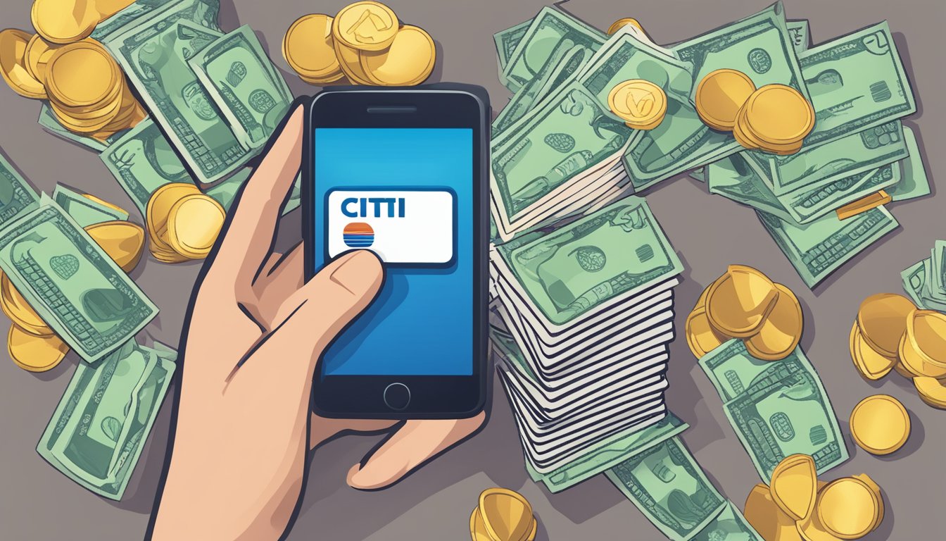 A hand holding a Citi credit card, with a smartphone displaying the Citi app, and a pile of cash representing redeemed cash back