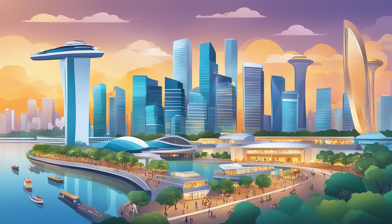A bustling Singapore city skyline with iconic landmarks, surrounded by vibrant shopping districts and dining options, showcasing the convenience and rewards of the Citi Rewards Card