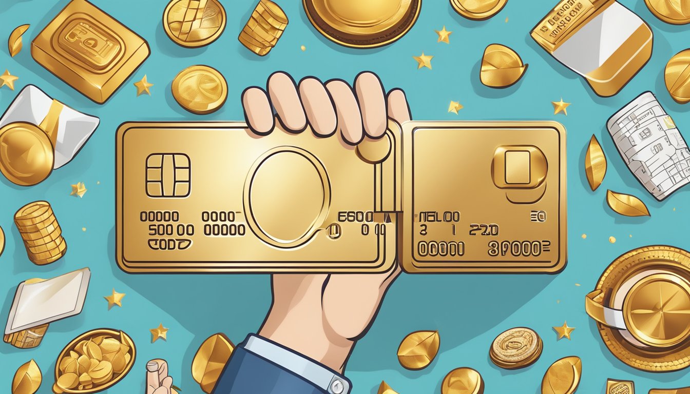 A hand holds a Citi Rewards Card, surrounded by icons representing its benefits like travel, dining, and shopping. The card shines with a golden glow