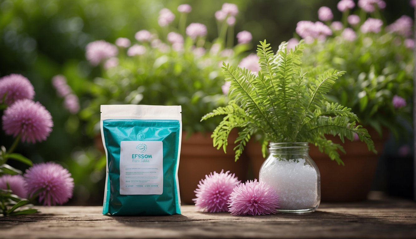 A bag of Epsom salts sits next to a thriving plant, surrounded by healthy green leaves and vibrant blooms