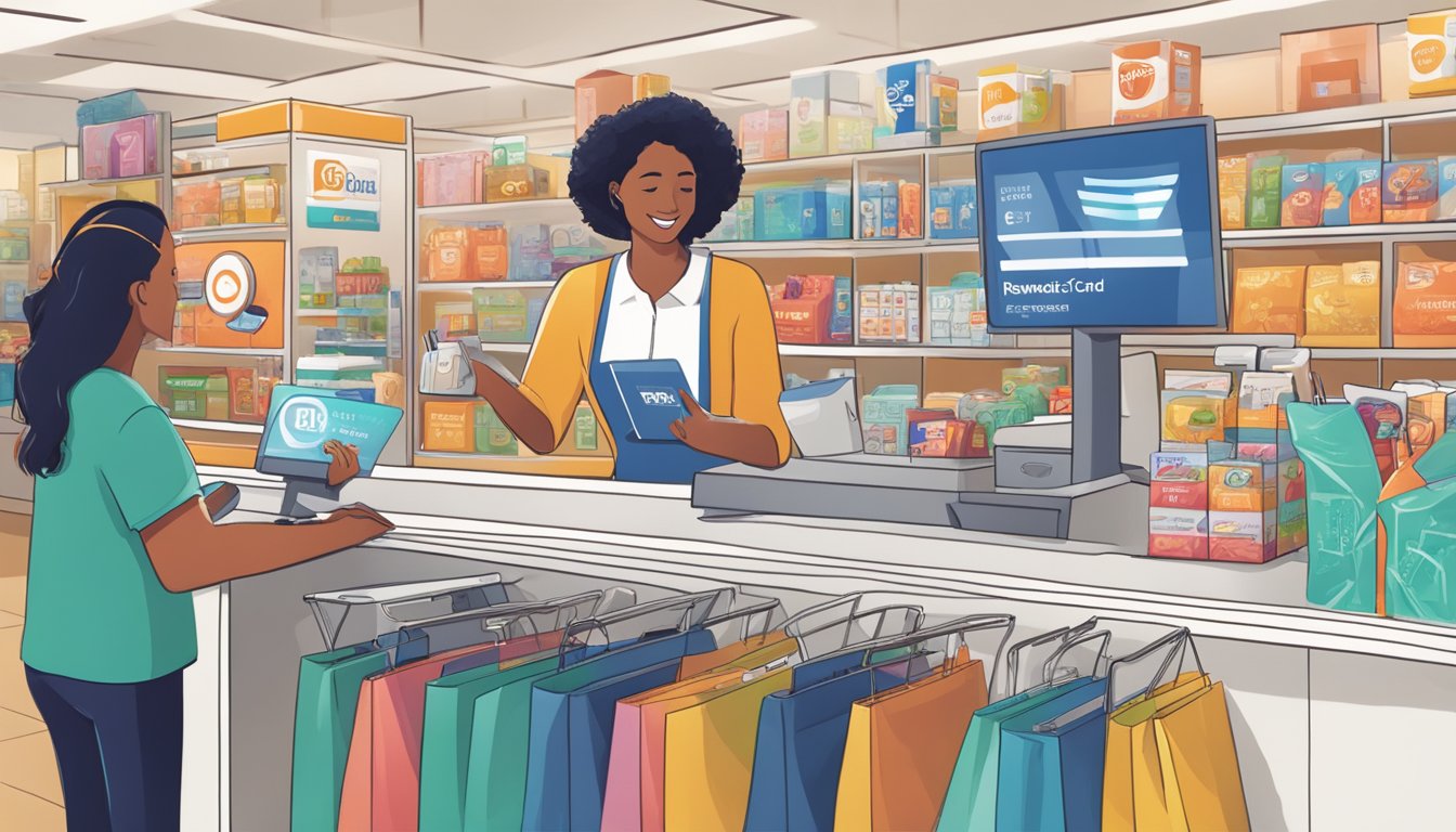 A person swiping a Citi Rewards card at a checkout counter, surrounded by various shopping items and a display of rewards program benefits
