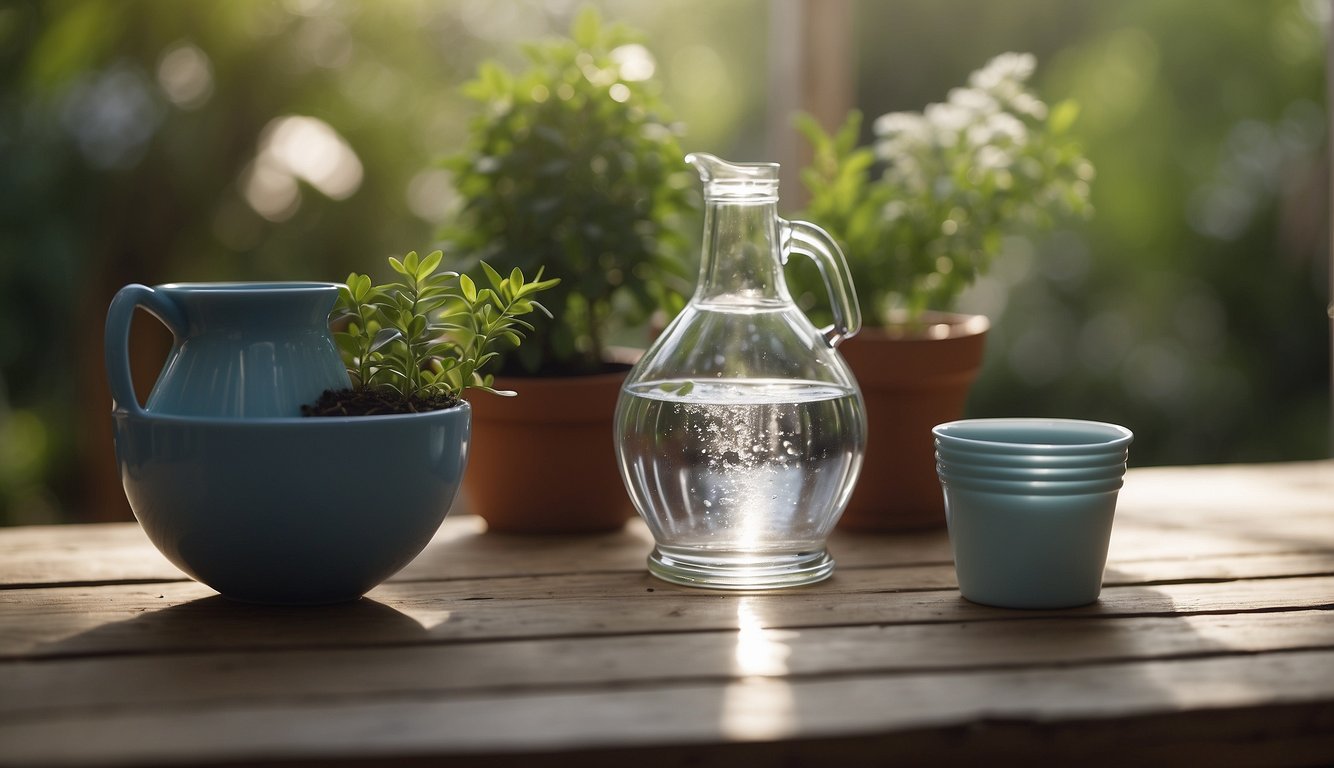 A gallon jug sits on a table, filled with water. A small scoop of Epsom salt hovers above the water, ready to be added. A healthy plant sits nearby