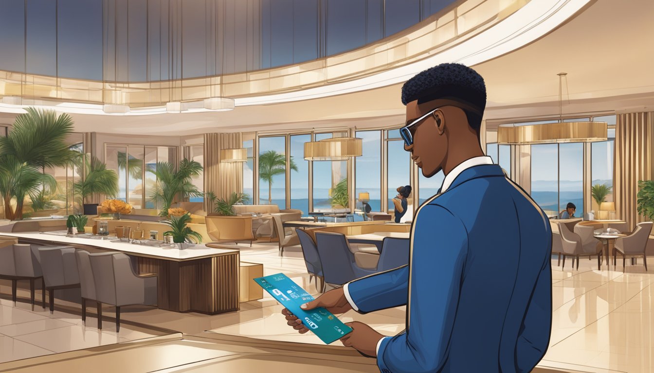 A traveler swipes a Citi Rewards card at a luxury hotel, earning points for future travel. The card also offers dining and shopping perks
