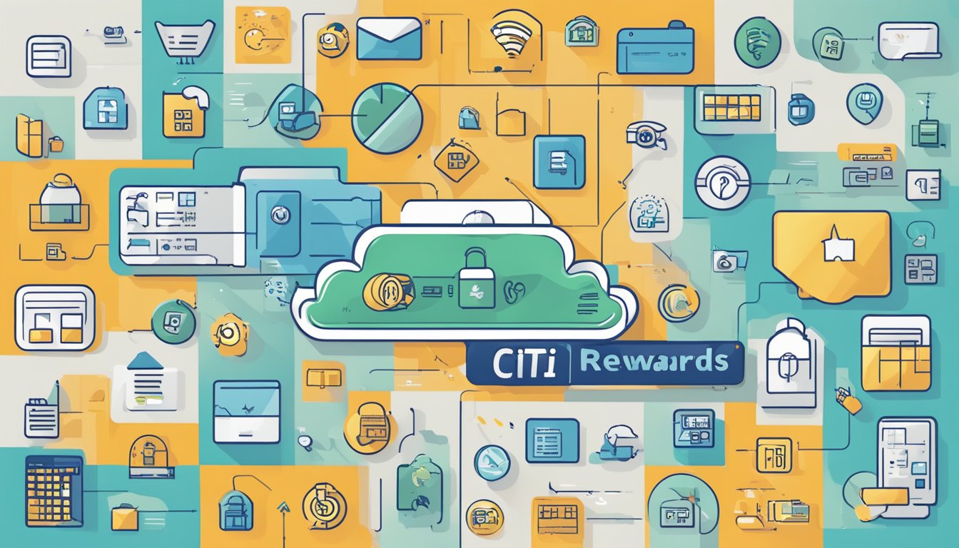 A credit card with "Citi Rewards" logo displayed, surrounded by icons representing various benefits and rewards. Text displaying "Understanding Fees and Charges" is prominently featured