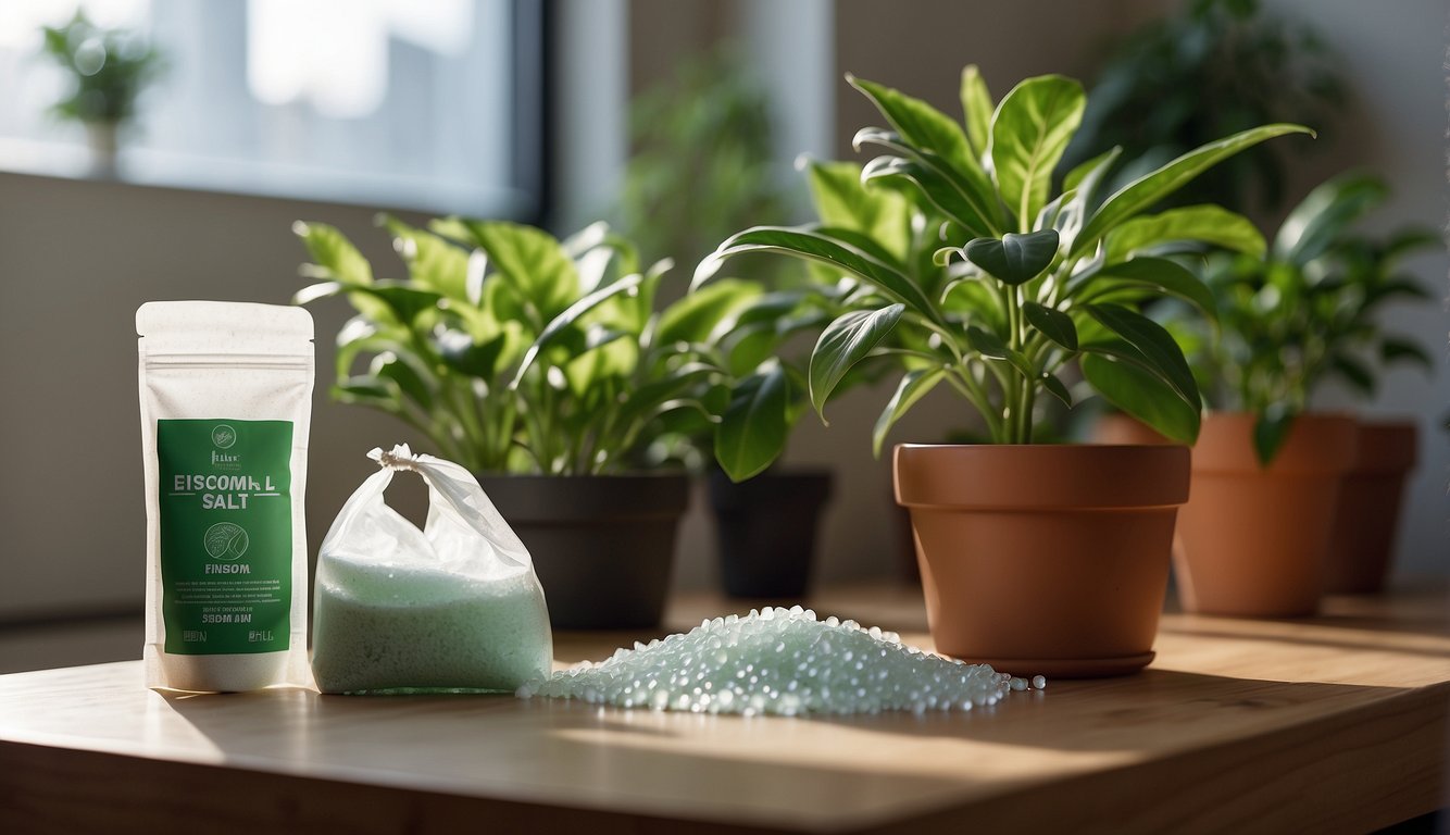 A bag of epsom salt sits next to a healthy, thriving plant. The plant is vibrant and green, with strong stems and lush leaves
