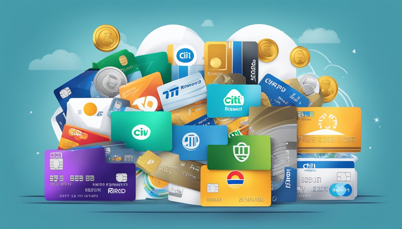 A stack of credit cards with the Citi Rewards logo, surrounded by icons representing various benefits such as travel, dining, shopping, and entertainment