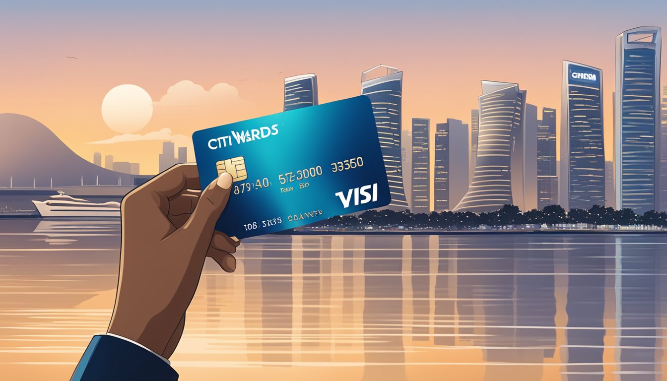 A hand holding a Citi Rewards Card against the backdrop of the Singapore city skyline at dusk. The iconic Marina Bay Sands and the Singapore Flyer are visible in the background