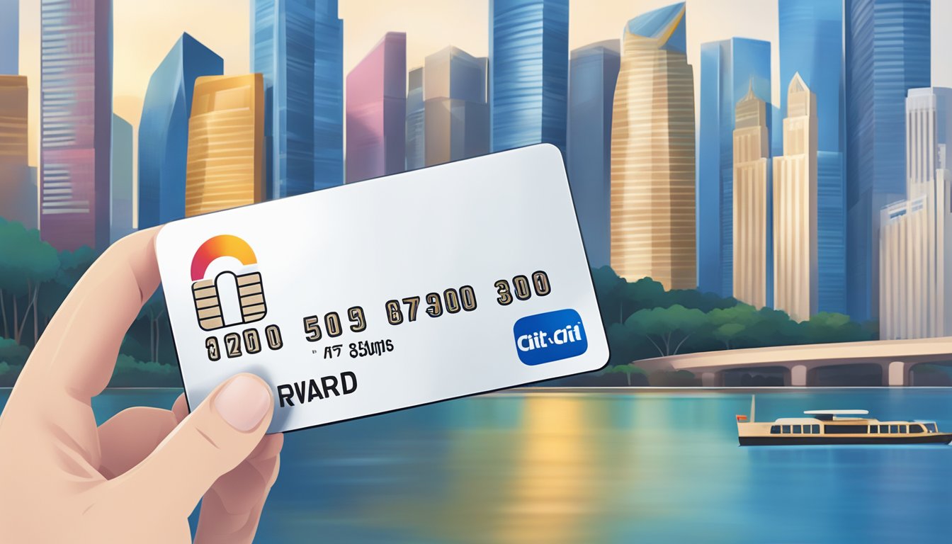 A hand holds a Citi Rewards Card, with the Singapore skyline in the background. The card's features are highlighted, such as the rewards cap