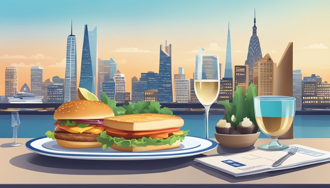 A table set with gourmet food and a passport next to a Citi Rewards Card, with iconic city landmarks in the background