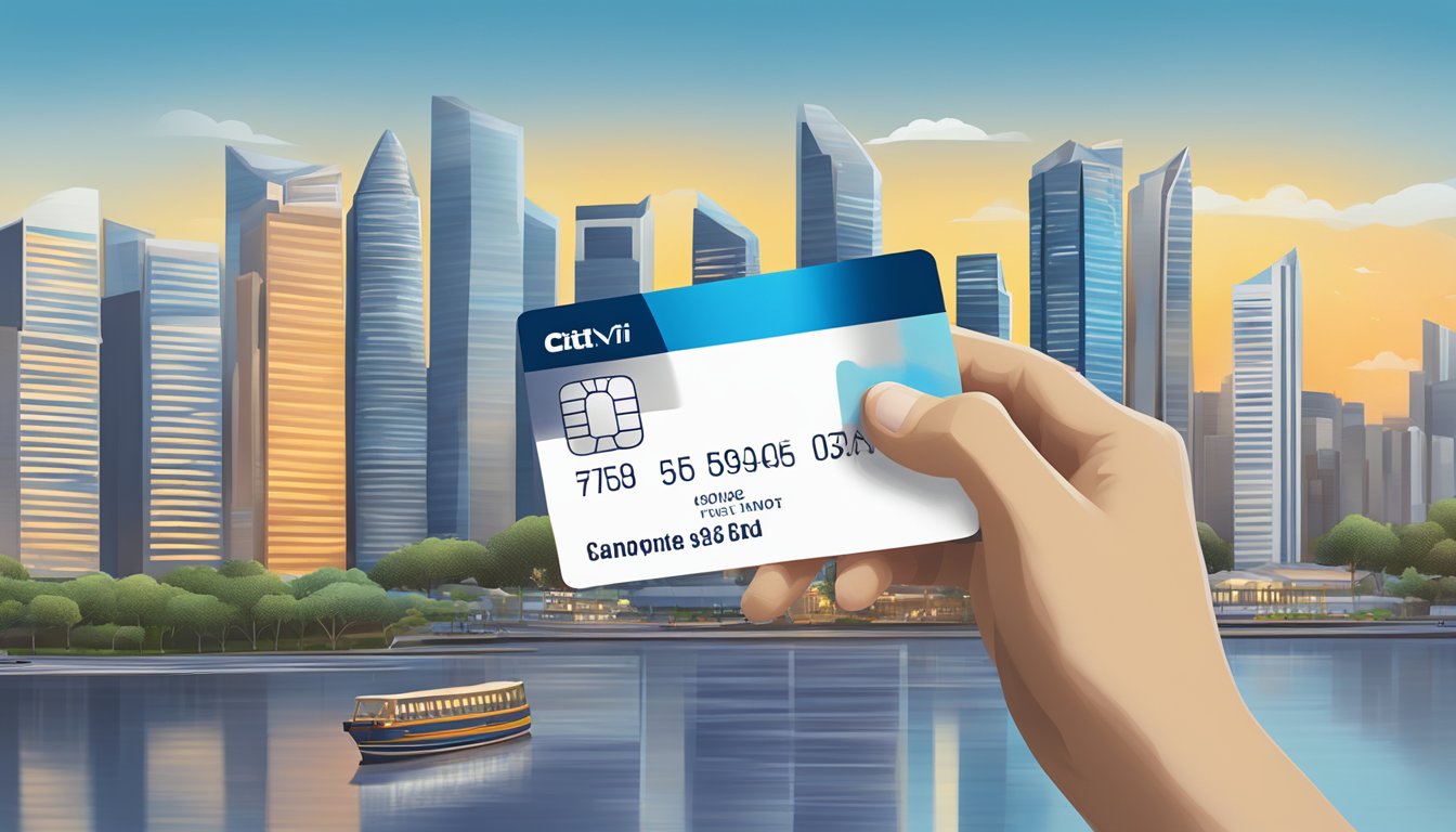 A hand holding a Citi Rewards Card with a Singaporean skyline in the background, showcasing the eligibility and application process