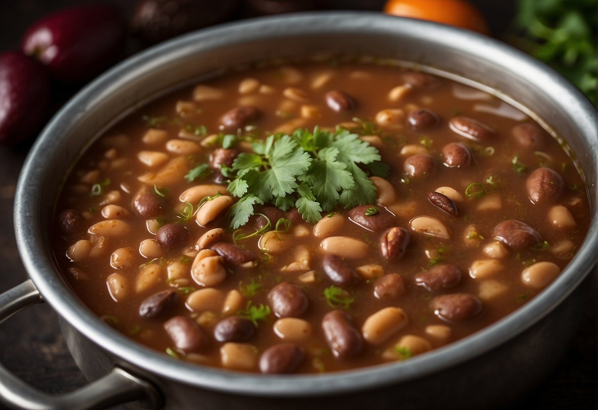 A pot of simmering pinto beans in a chipotle-infused broth, steam rising, with whole chipotle peppers and spices scattered around