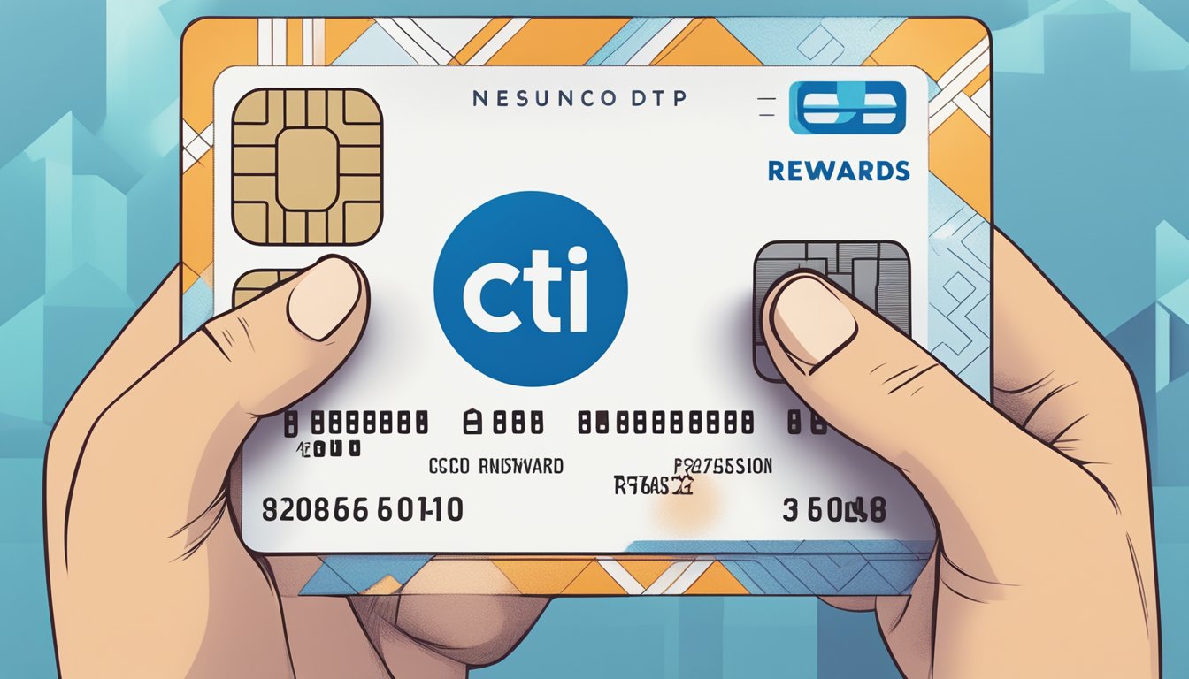 A hand holding a Citi Rewards card with a cap symbol above it, surrounded by restrictions and limitations in the background