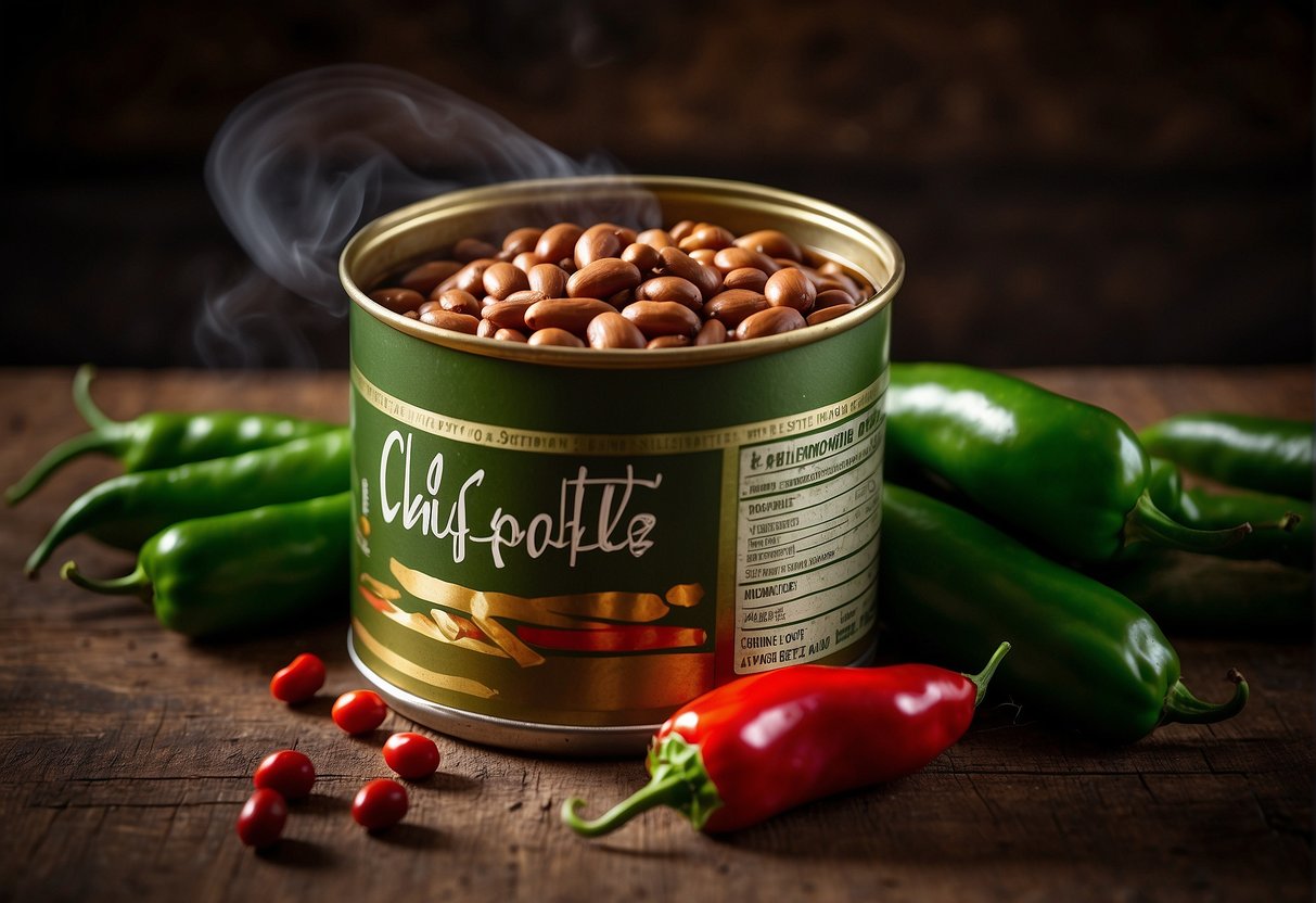 A can of chipotle pinto beans sits on a rustic wooden table, surrounded by vibrant red and green chili peppers, with a smoky aroma rising from the open can