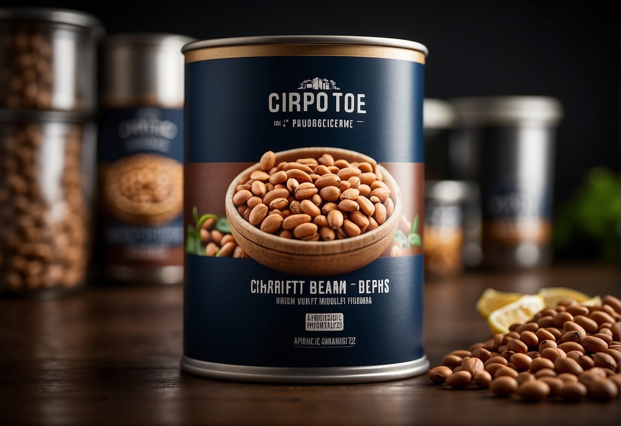 Airtight container seals chipotle pinto beans. Label with date. Store in cool, dark pantry. Illustrate beans in container with label