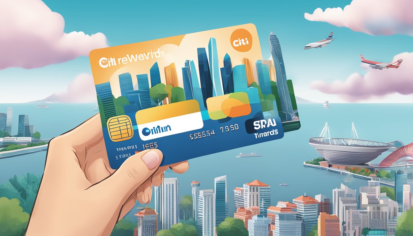 A hand holding a Citi Rewards card with Singapore landmarks in the background, while points are being redeemed