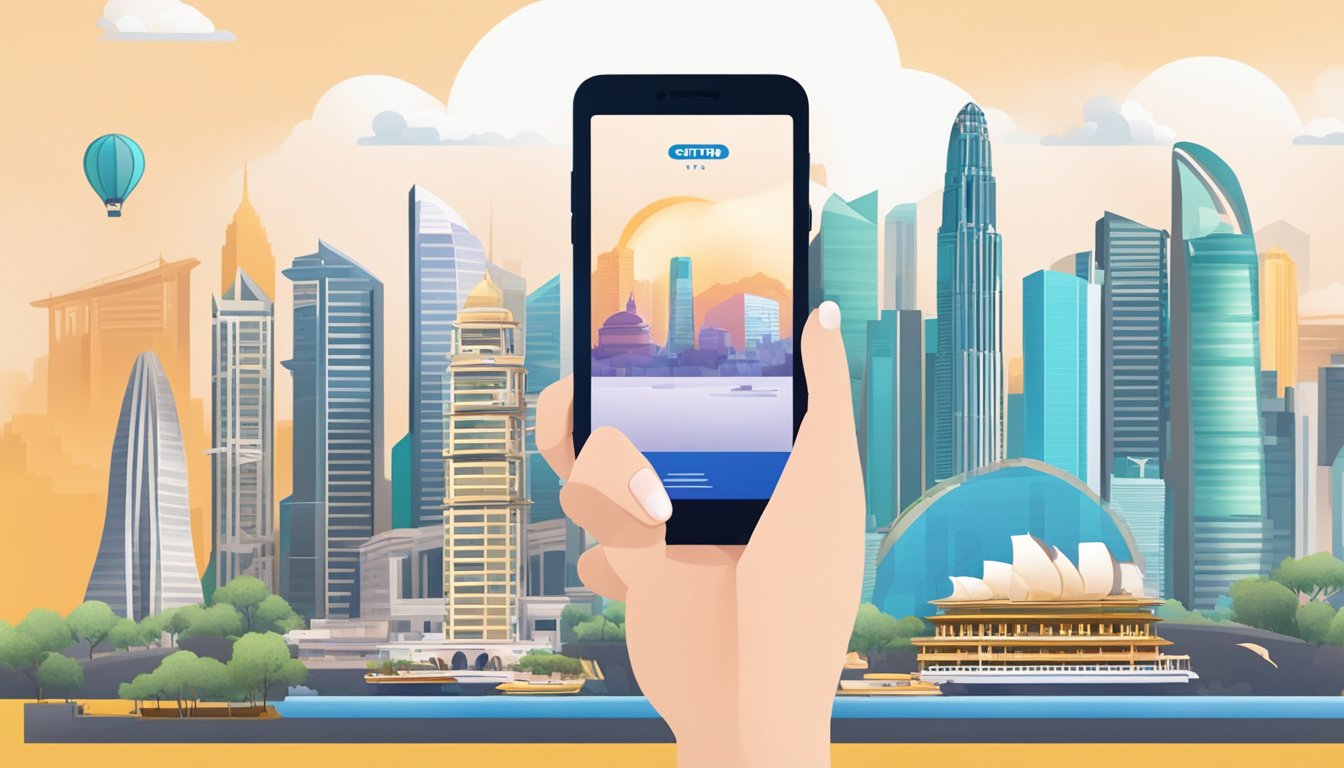 A hand selects from various rewards options on a Citi Rewards Card app, with a backdrop of iconic Singapore landmarks