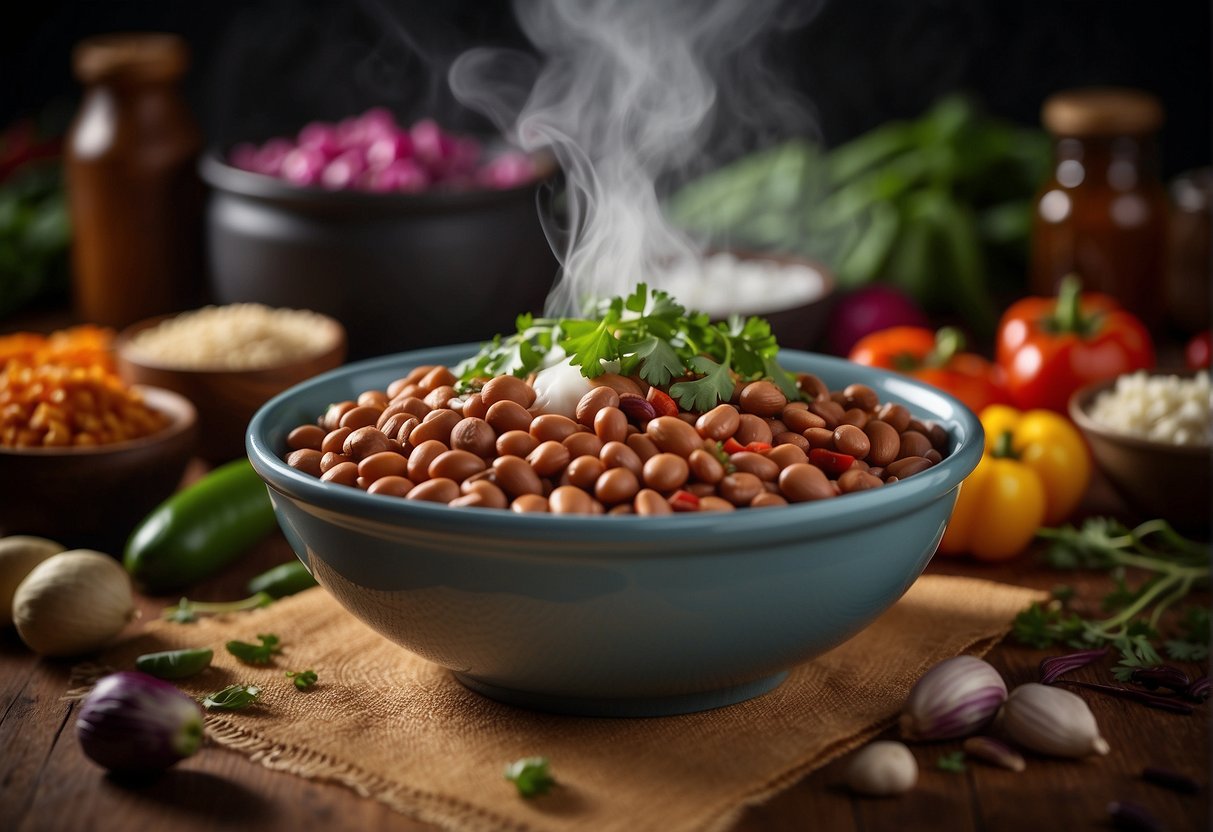 A bowl of chipotle pinto beans with steam rising, surrounded by colorful vegetables and spices