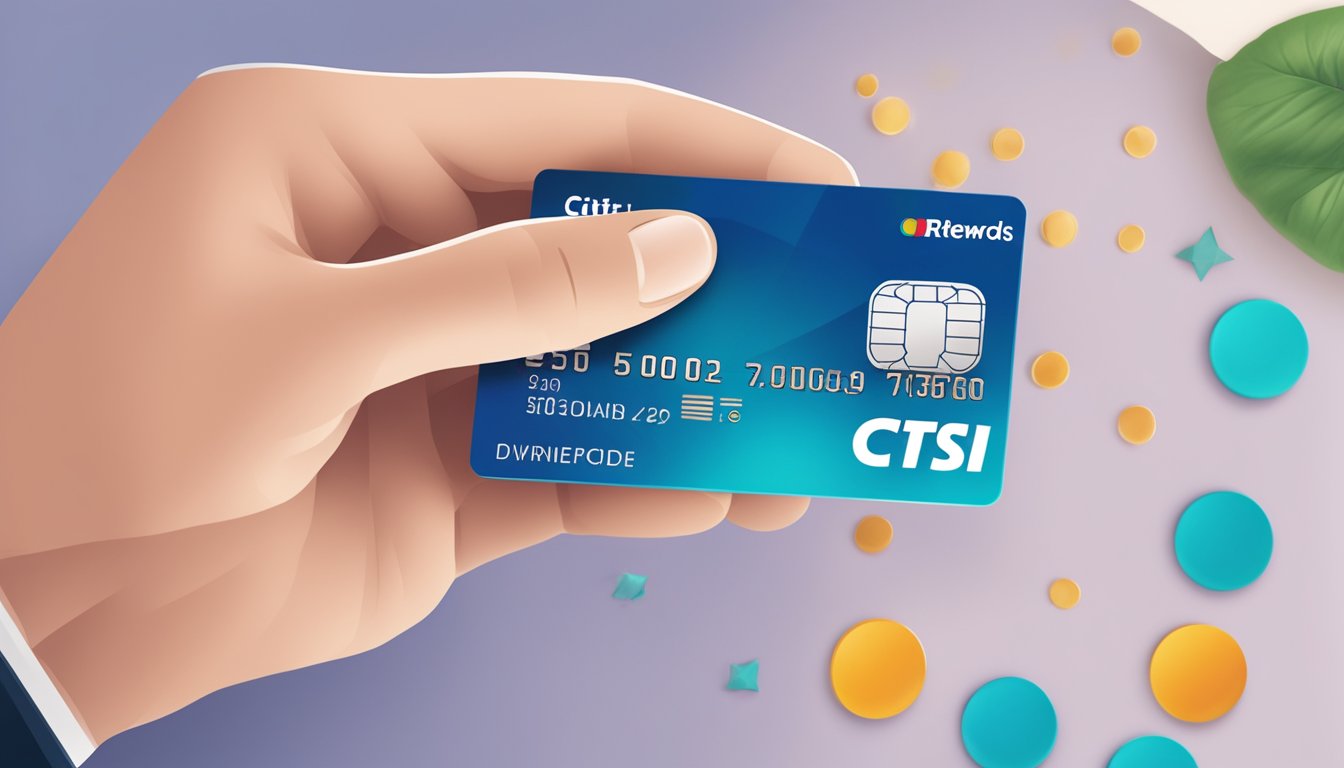 A hand holding a Citi Rewards card with points being redeemed for benefits in Singapore