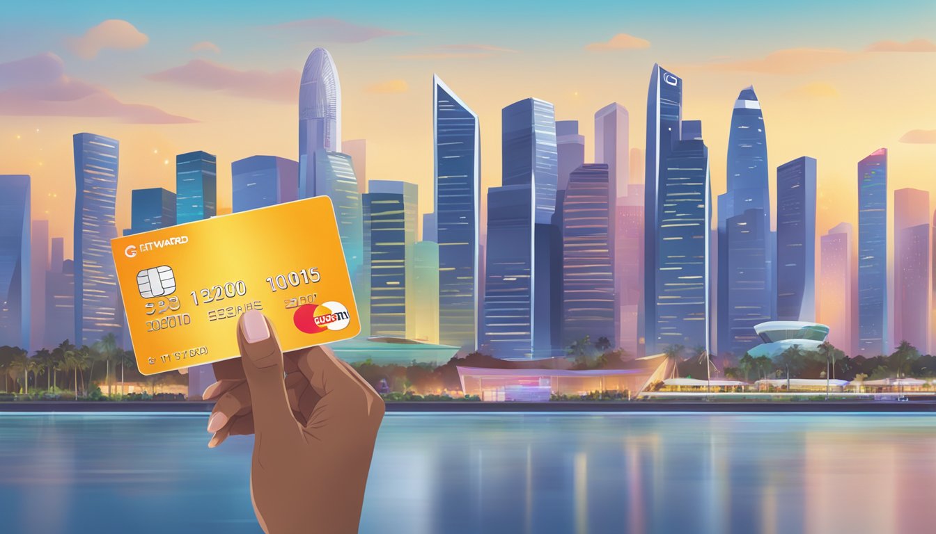 A hand holding a Citi Rewards card with a Singapore skyline in the background, with points being redeemed for various rewards