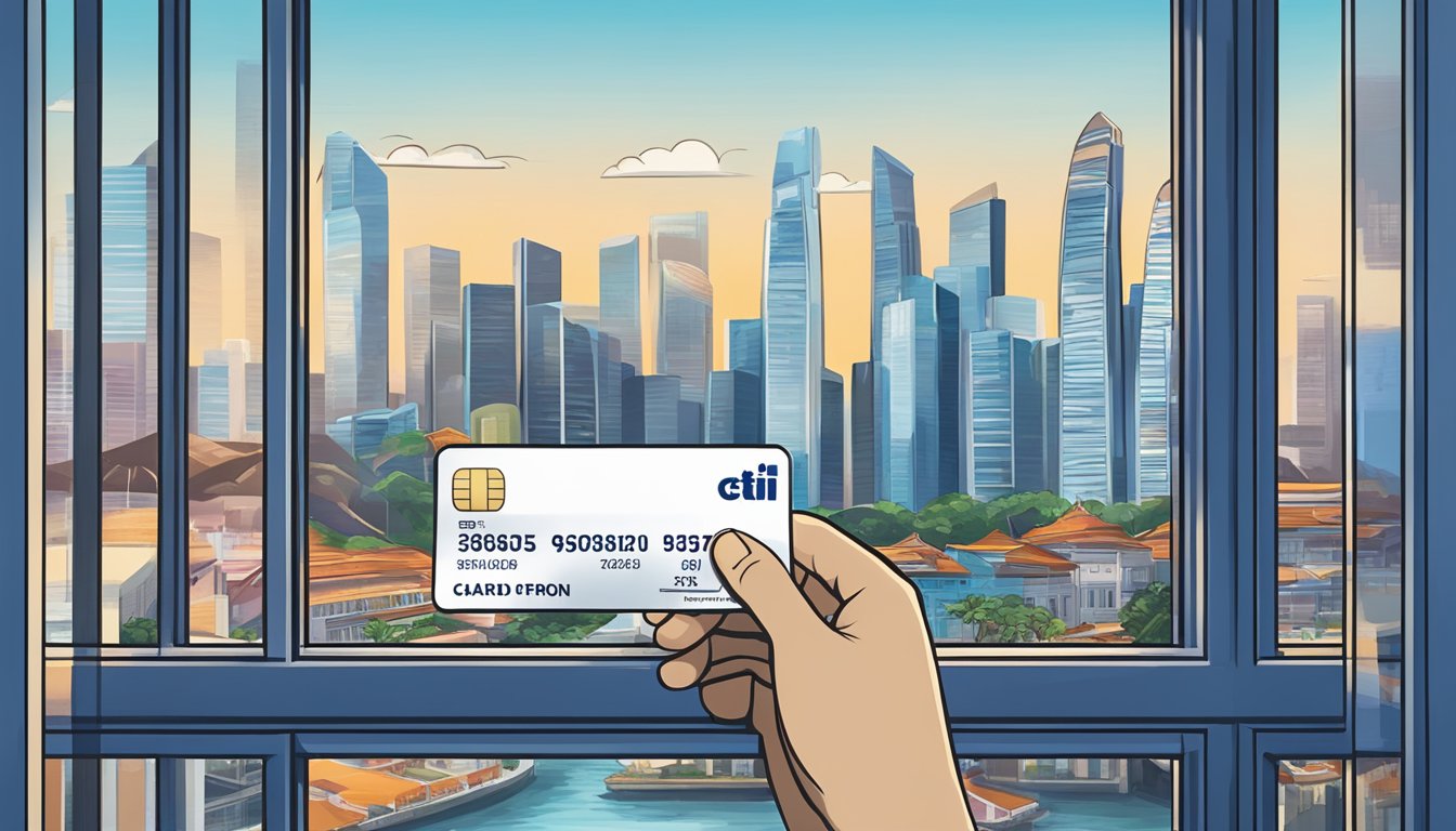 A hand holding a Citi Rewards card with the Singapore skyline in the background. The card is prominently displayed, with the cityscape visible through a window