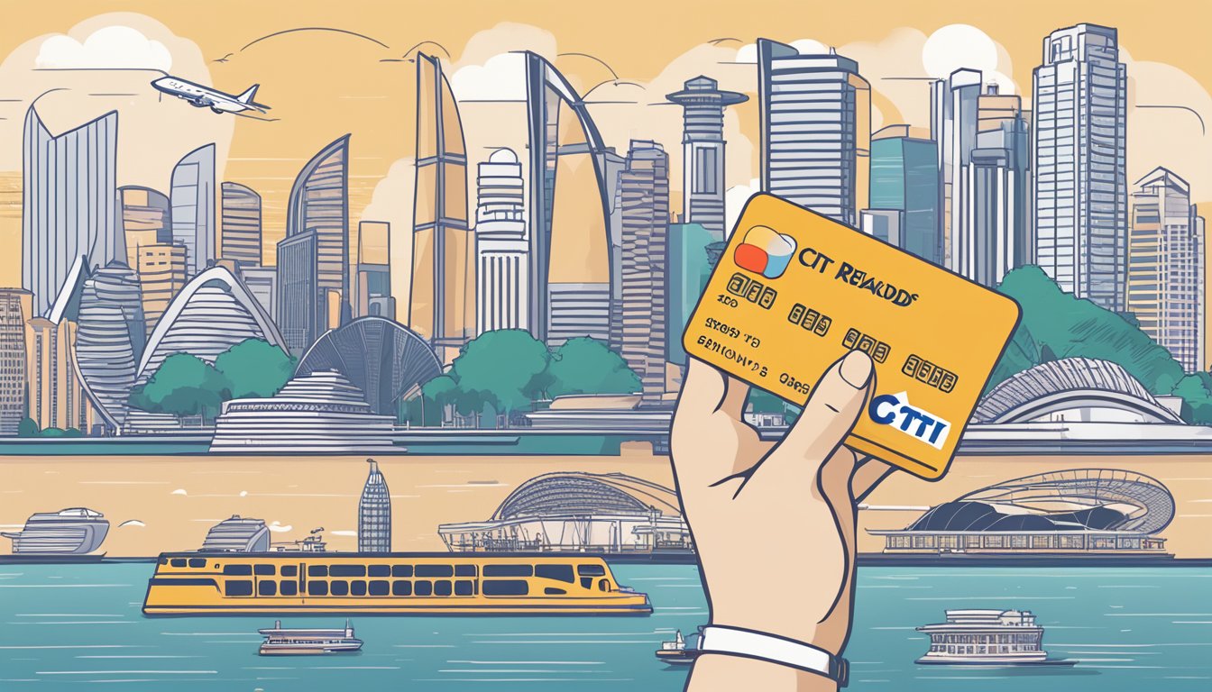 A hand holding a Citi Rewards card against a backdrop of iconic Singapore landmarks, with text highlighting key features and benefits