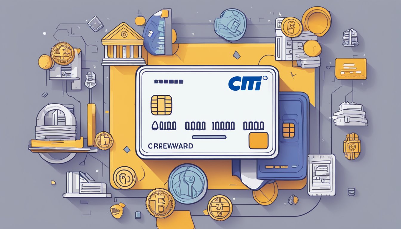 A credit card surrounded by various fees and charges icons, with the Citi Rewards Card logo prominently displayed