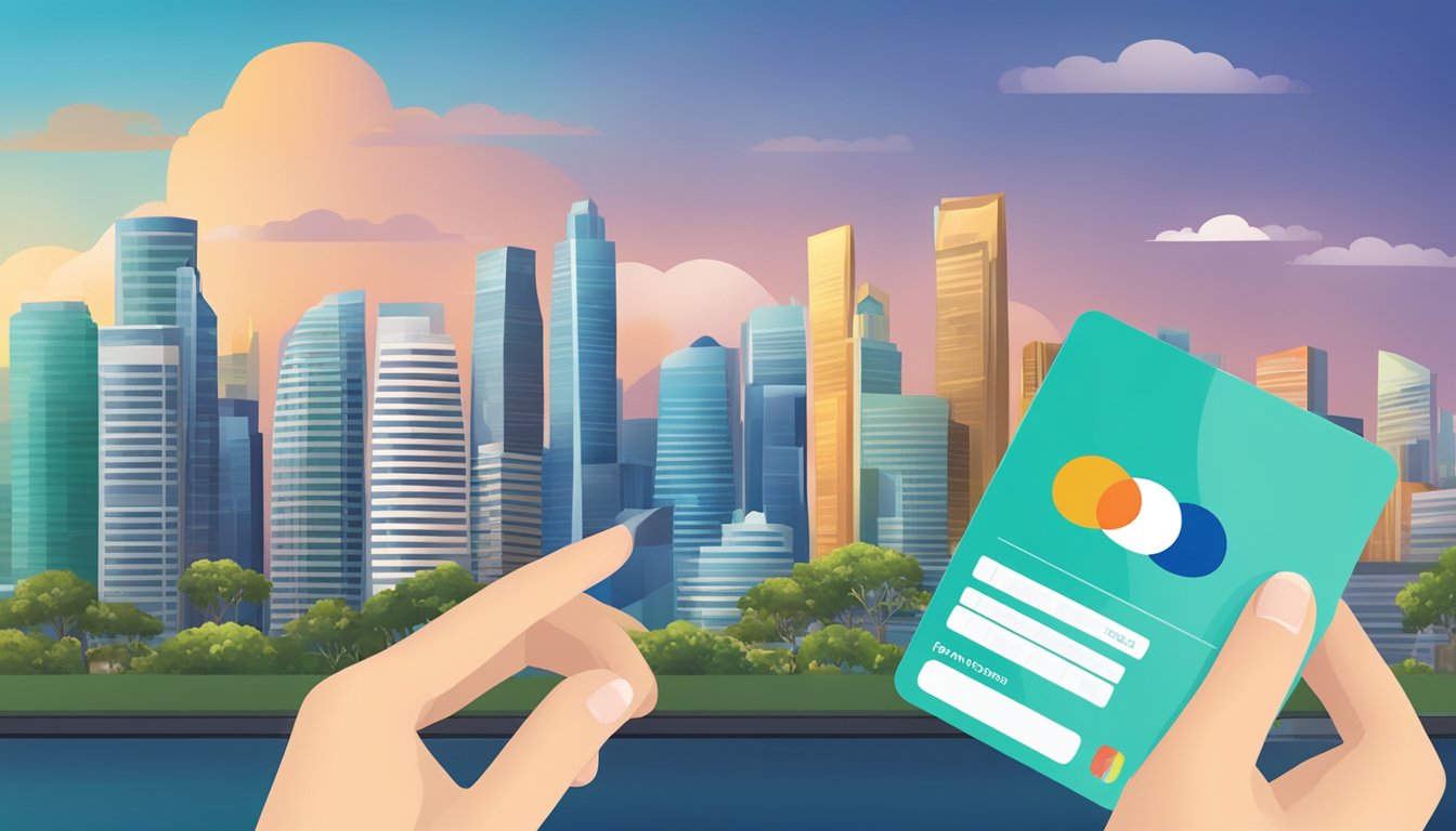 A hand holding a Citi Rewards Card application form with eligibility criteria listed. Singapore skyline in the background