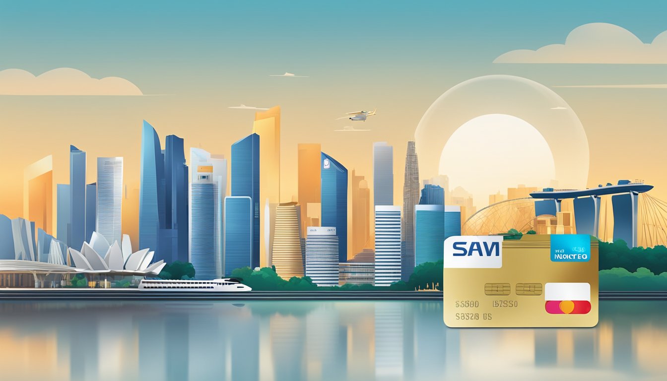 A city skyline with the iconic landmarks of Singapore in the background, while a sleek and modern credit card is prominently displayed in the foreground
