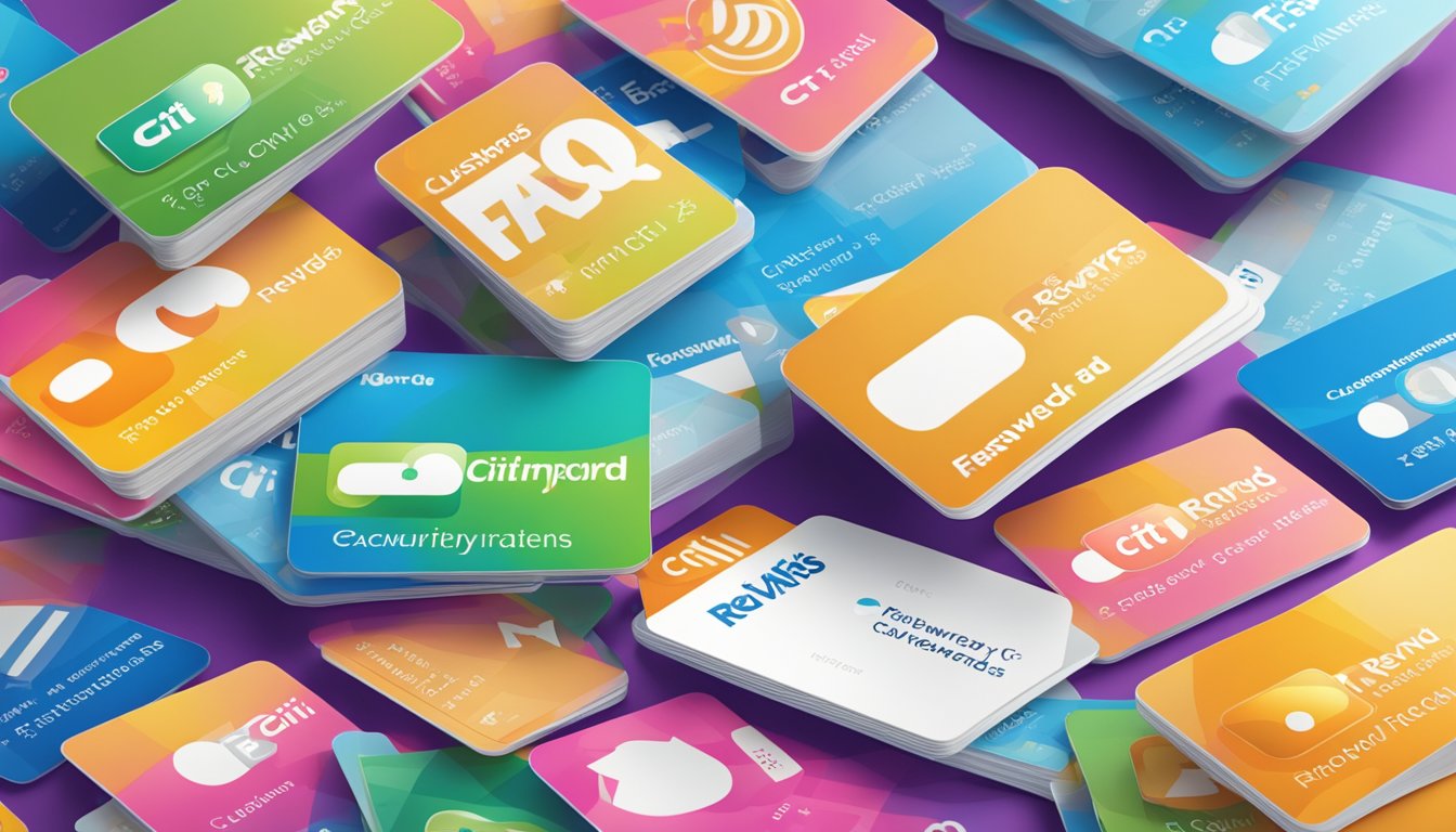 A stack of FAQ cards with Citi Rewards Card logo, surrounded by positive customer reviews and ratings