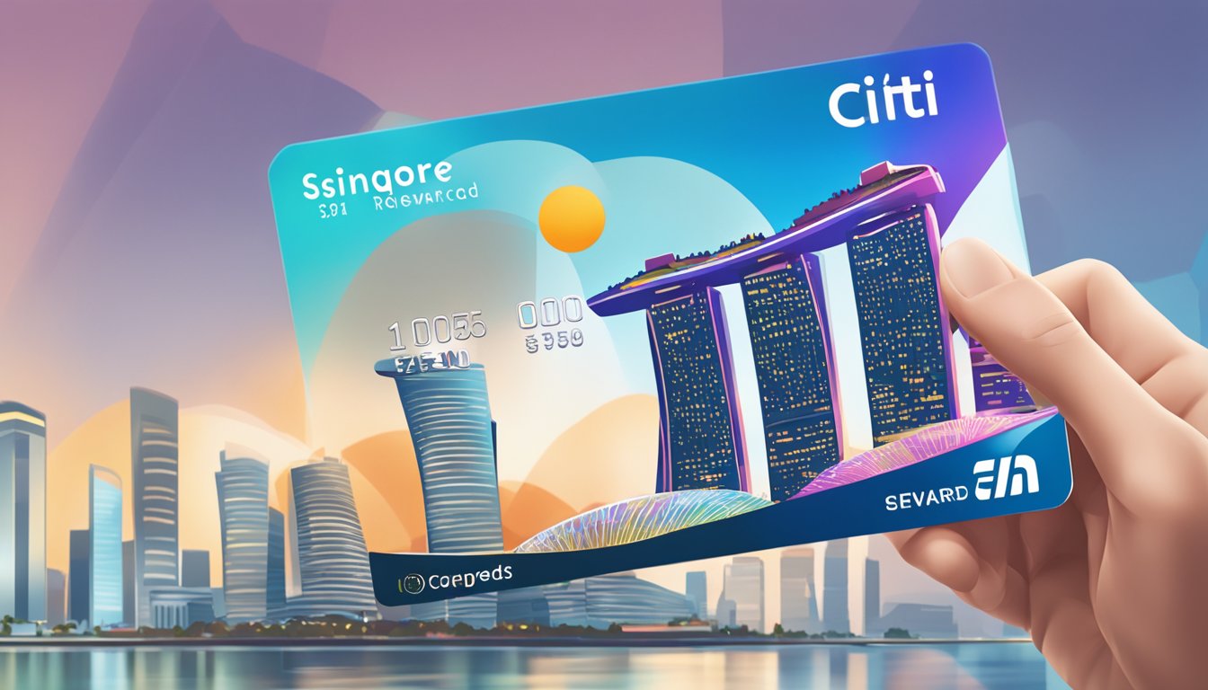 A hand holding a Citi Rewards Credit Card with Singapore skyline in the background. The card features prominent rewards and benefits