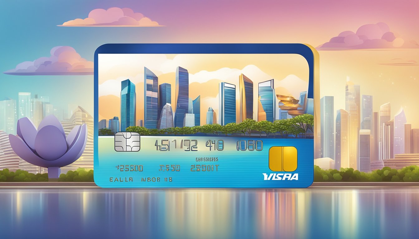 A luxurious credit card surrounded by elegant rewards and benefits, with the iconic Singapore skyline in the background