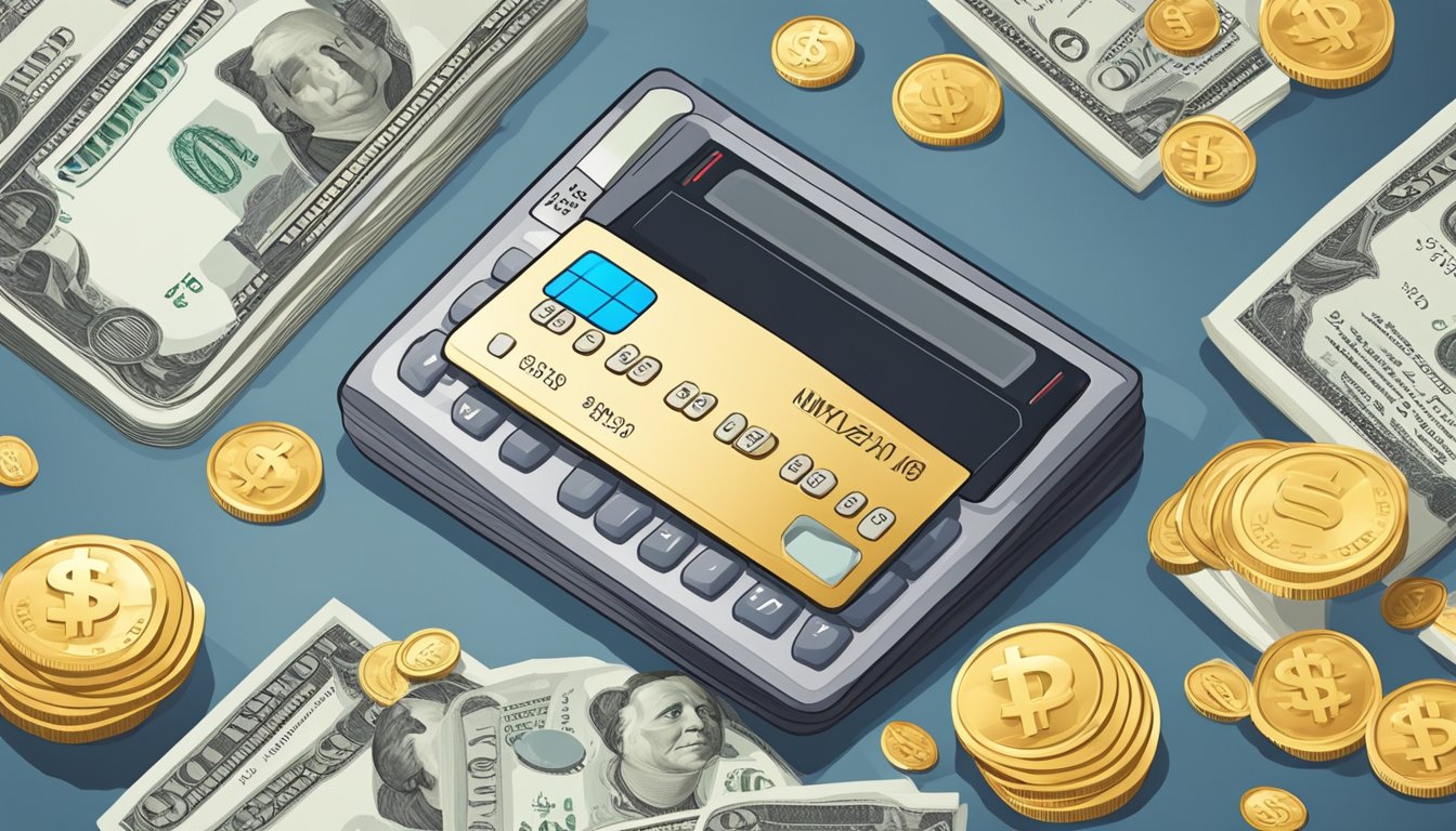 A credit card surrounded by dollar bills and coins, with a calculator and financial documents in the background