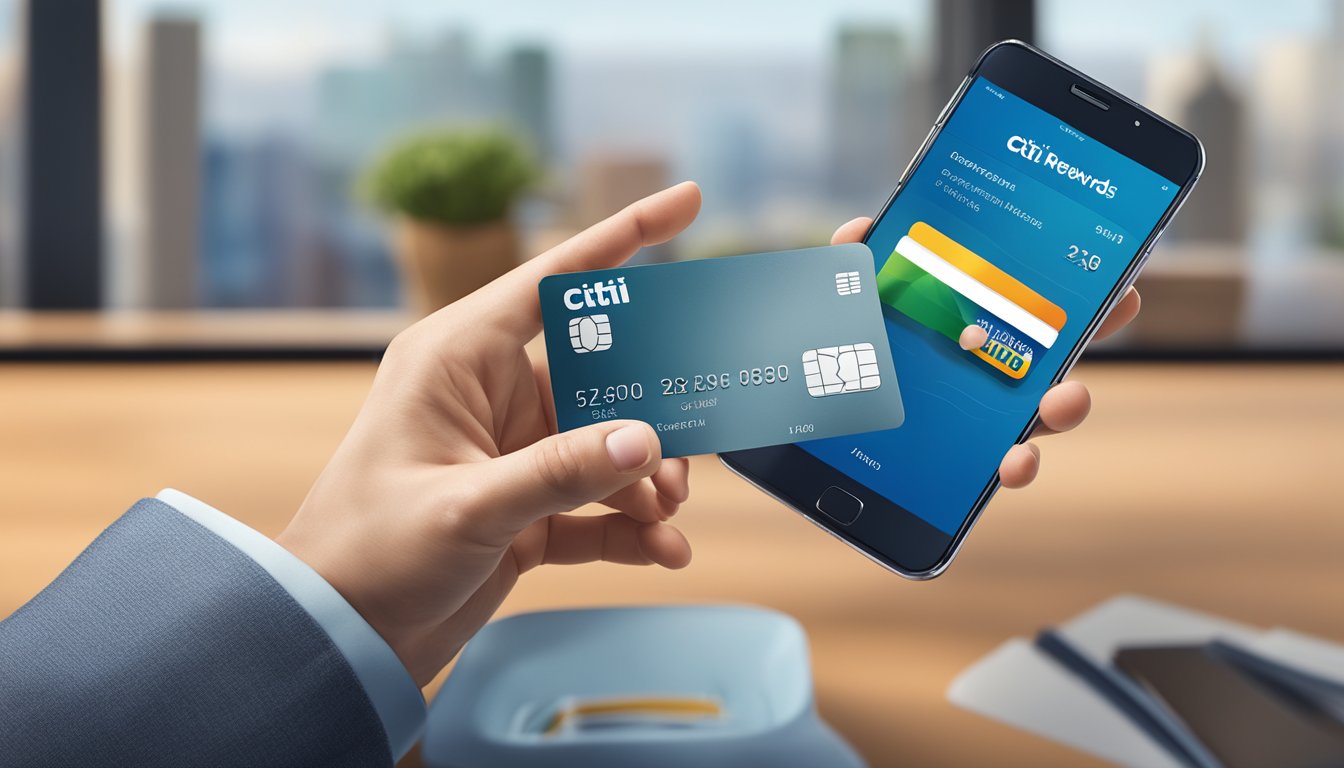 A hand holding a Citi Rewards credit card, with a smartphone displaying the account management interface in the background