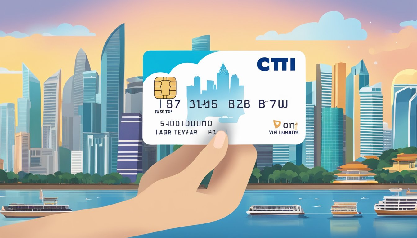 A hand holding a Citi Rewards card with a skyline of Singapore in the background, showcasing the city's iconic landmarks