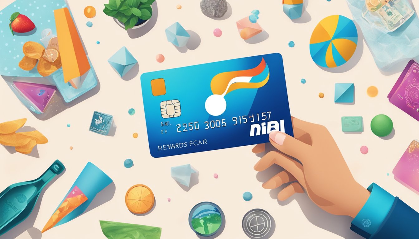 A hand holding a Citi Rewards card with a glowing points symbol above it, surrounded by various items representing rewards such as travel, shopping, and dining