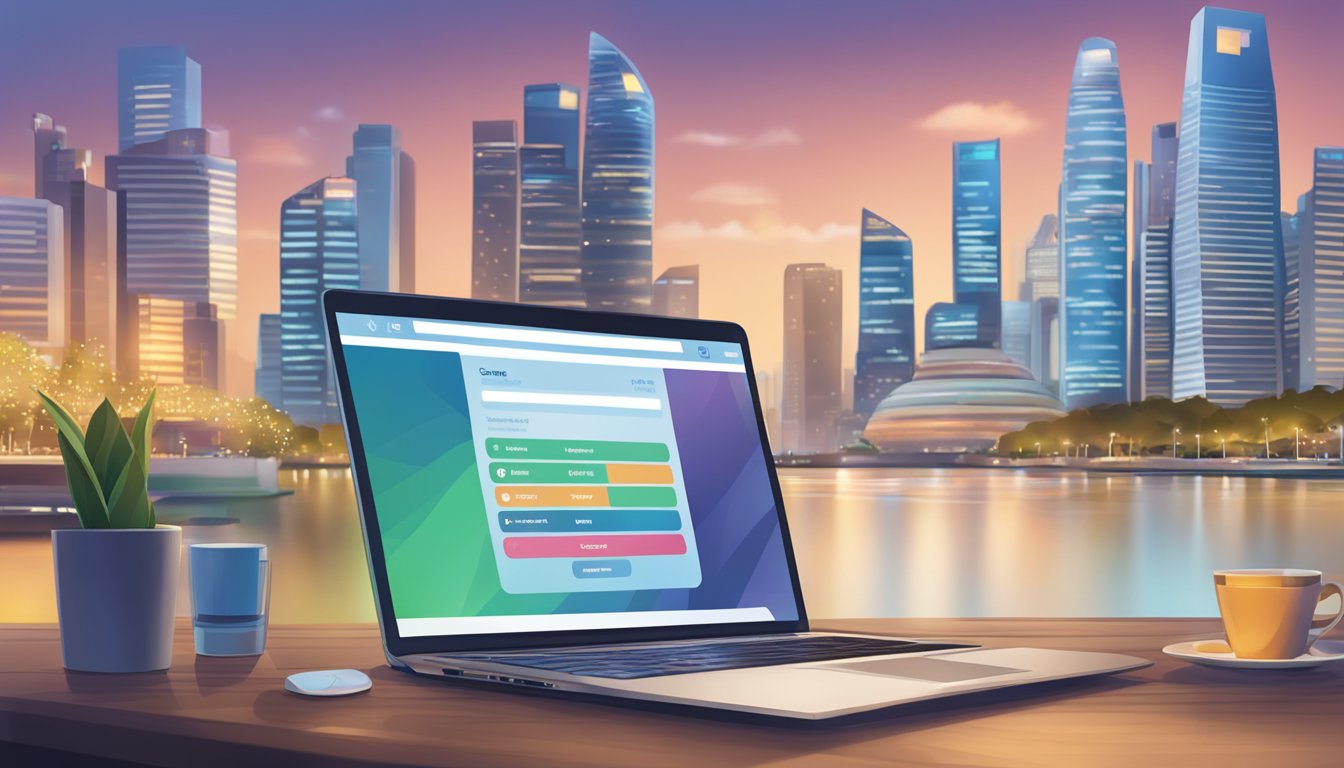 A person logging into their Citi rewards account on a laptop, with a stack of rewards points and the Singapore skyline in the background