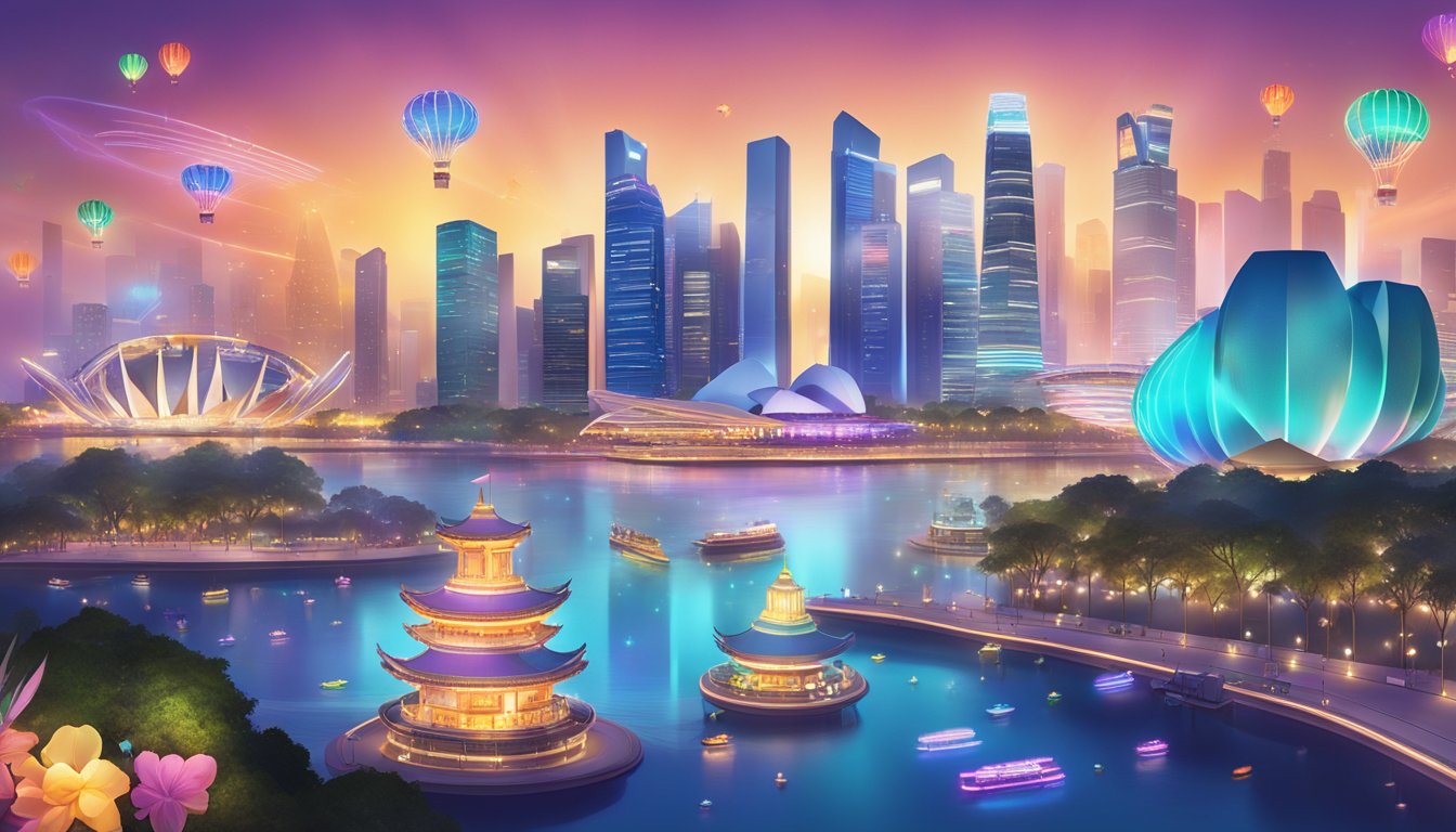 A vibrant cityscape with iconic landmarks and glowing rewards points floating above, showcasing the excitement of special programmes and promotions in Singapore