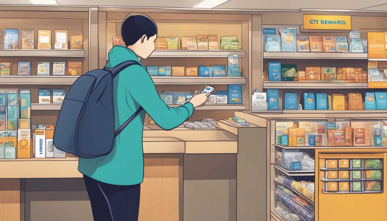 A person swiping a Citi Rewards card at a Singaporean store, with various items and a rewards catalog in the background