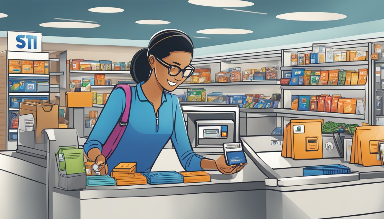 A person swiping a Citi rewards card at a checkout counter with a display of various items available for redemption