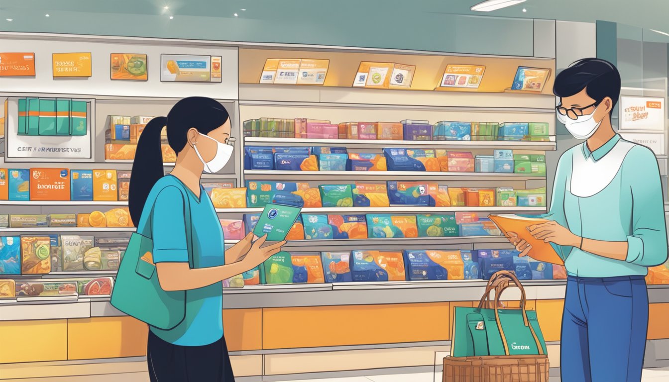 A person swiping a Citi rewards card at a Singaporean store, with a display of various items and a rewards catalog in the background