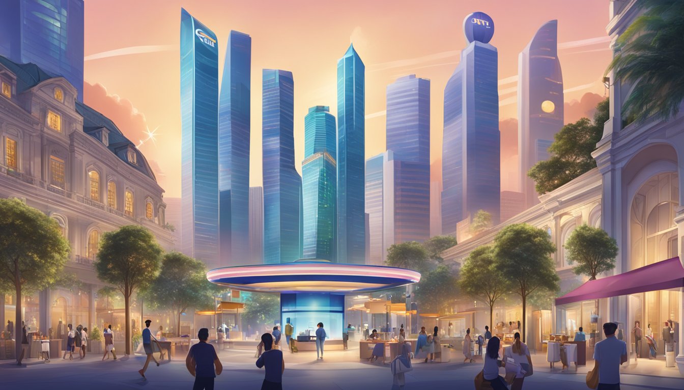 A luxurious cityscape with iconic landmarks and a Citi Rewards redemption booth in the foreground, showcasing exclusive privileges in Singapore