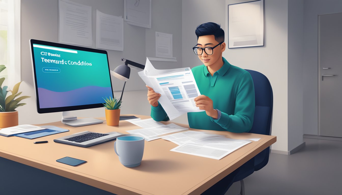 A person sitting at a desk, reading through a Terms and Conditions document with a Citi Rewards Redemption Singapore logo displayed on the screen