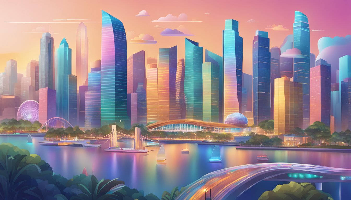 A vibrant cityscape with iconic landmarks and a digital interface displaying FAQs for Citi Rewards redemption in Singapore