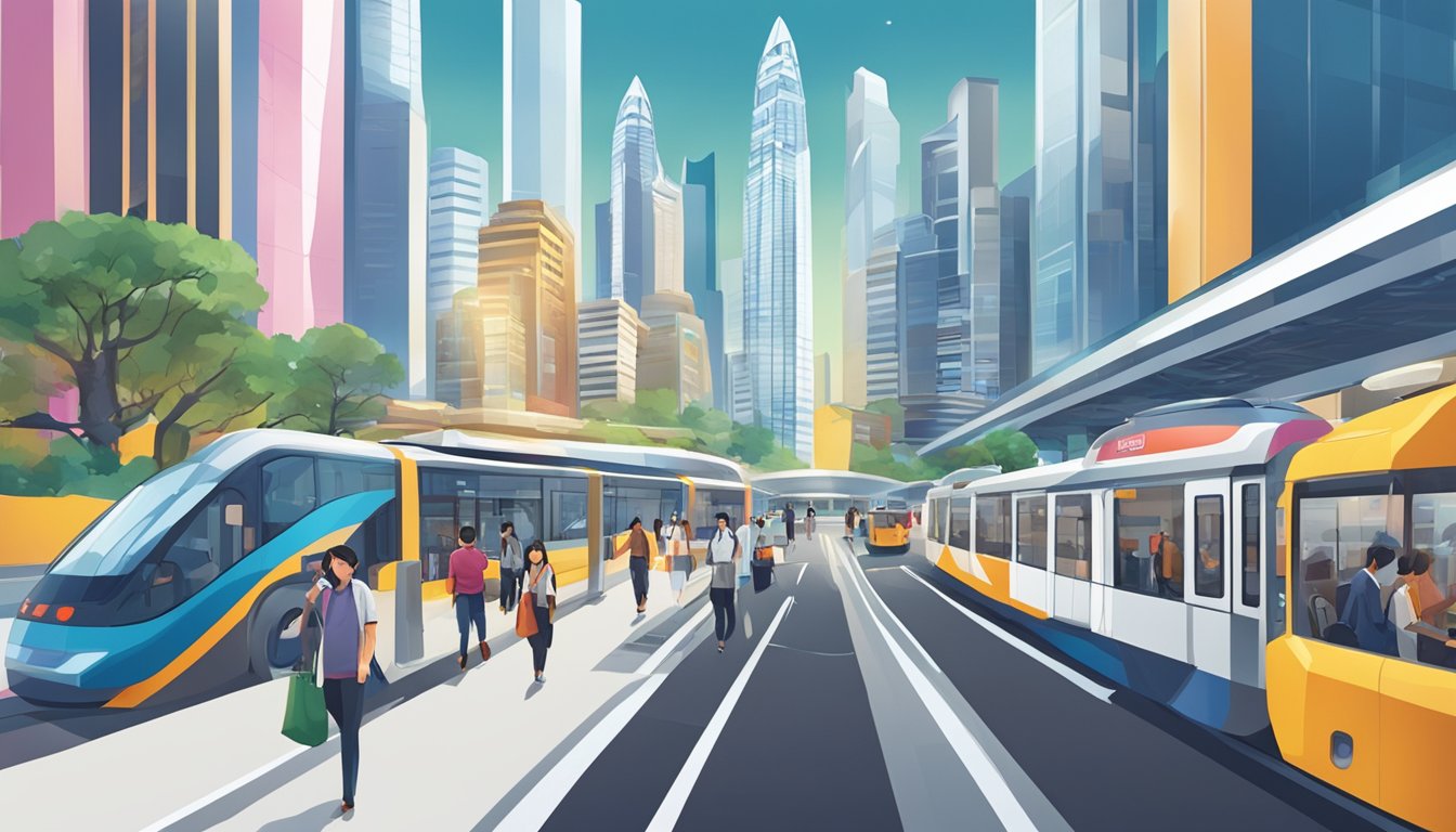 A bustling city street with iconic landmarks and a futuristic feel, showcasing the convenience and modernity of the Citi SMRT card in Singapore