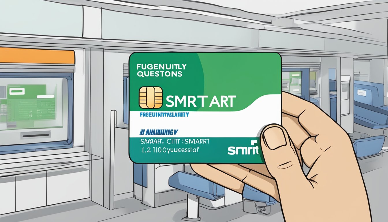 A hand holding a Citi SMRT card, with a computer screen in the background displaying a webpage titled "Frequently Asked Questions citi smrt card singapore"