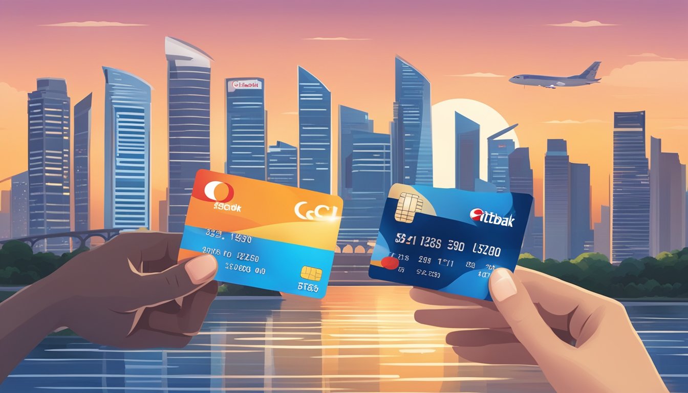 A hand holding a Citibank credit card against the backdrop of Singapore's iconic city skyline at sunset